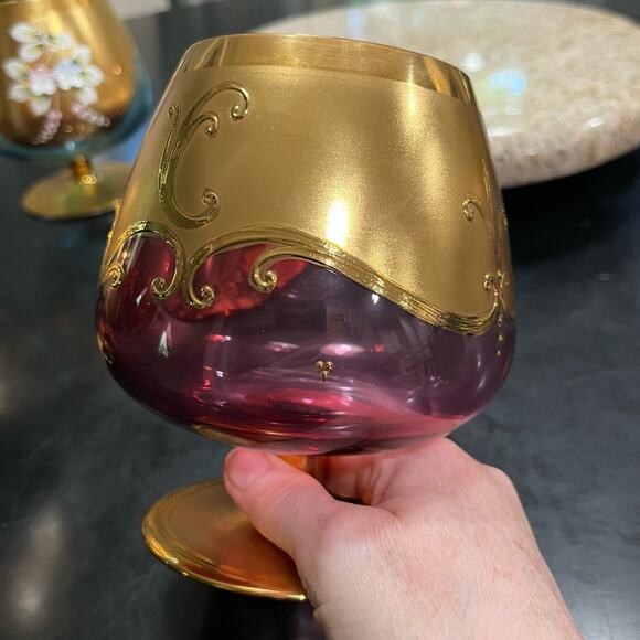 Bohemian Czech Vintage Tre Fuochi Hand Painted Crystal Gold Gilt Brandy Snifter - Picture 12 of 16